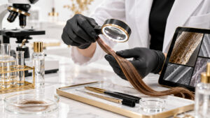 diagnóstico capilar profesional en salón, con análisis de una mecha y estética científica